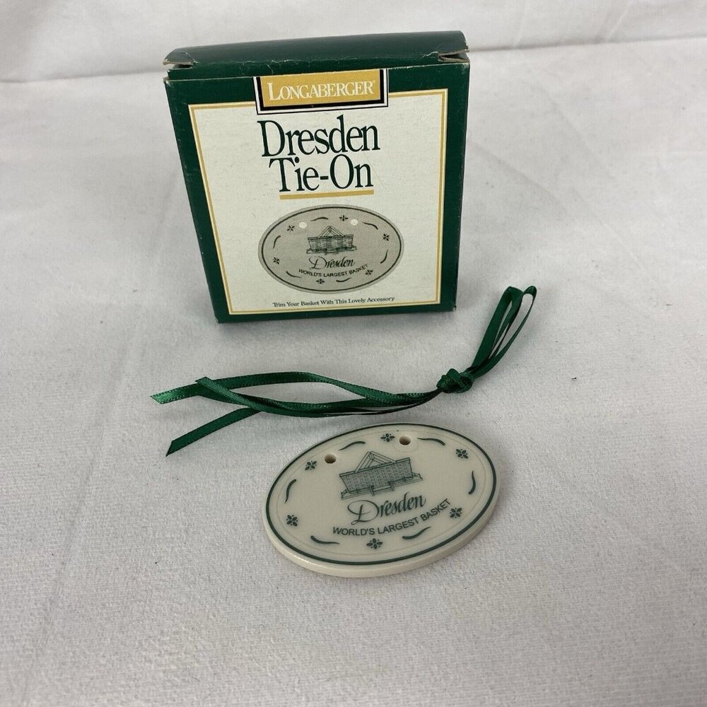 Longaberger Dresden Tie-On Made in USA‎ Green Print Beige Oval w/ Green Ribbon